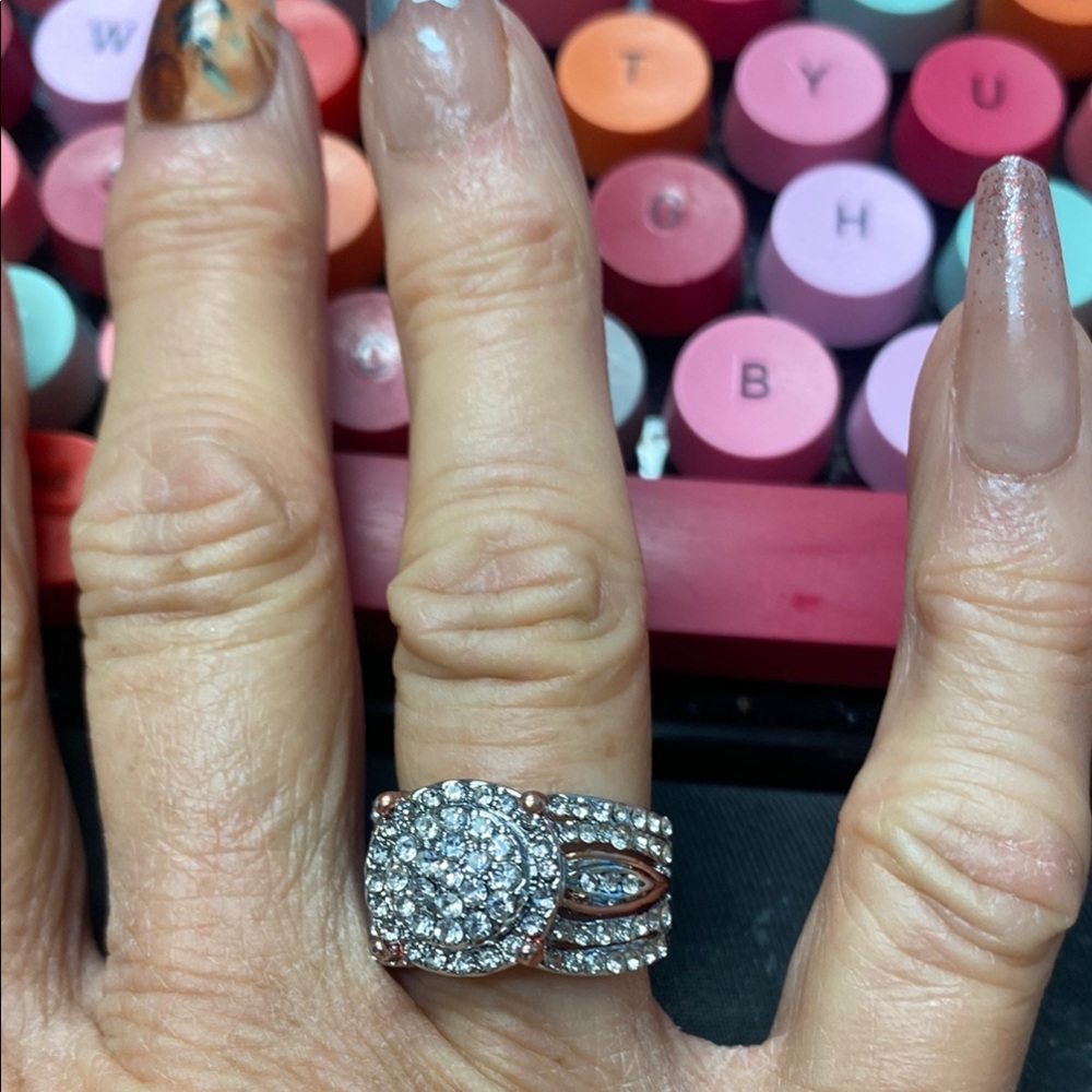 Gorgeous Chunky Rose Gold Wedding Ring Set with White Cubic Zirconia Halo